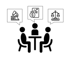 A group of people sitting at a table with icons Description automatically generated