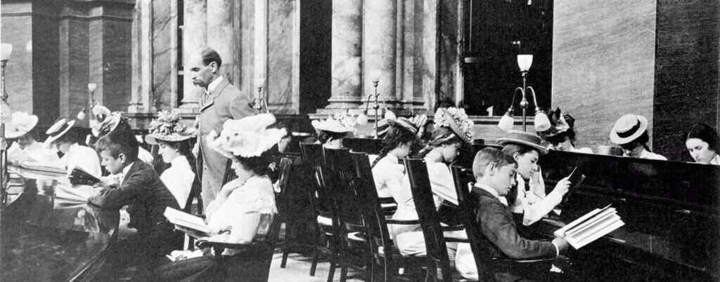 Image and original data from: Virga, Vincent, and Curators of the Library of Congress, with commentary by Alan Brinkley (2004). Eyes of the Nation: A Visual History of the United States. Charlestown, MA: Bunker Hill Publishing. Photo depicts students in the Library of Congress Readin Room in 1899.