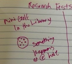 Drawing is labeled "Research fests". Subtitle "Mini golf in the library", accompanied by a circle with dark dots in it and the text "Something happens at @ hole" [sic].