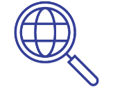 A blue outline of a globe with a magnifying glass Description automatically generated