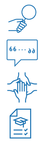 Series of icons. From top to bottom: A hand holding a magnifying glass, quotation marks in a speech bubble, overlapping hands, and a graduation checklist.