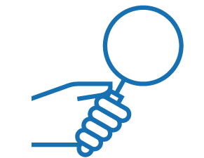 Icon of a hand holding a magnifying glass.