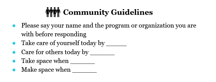 A clip art image of stick figure people holding hands next to a headline, “Community Guidelines.” Beneath the headline there are five bullet points that read: “Please say your name and the program or organization you are with before responding,” “Take care of yourself today by _____,” “Care for others today by _____,” “Take space when ____,” and “Make space when _____.”