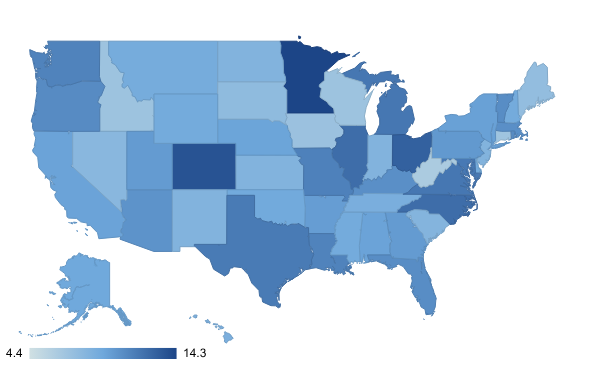 U.S. choropleth map showing variation across states in the share of job openings that are high-opportunity, with darker shading indicating higher percentages.